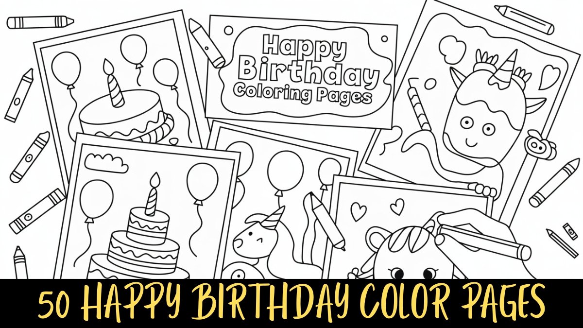 A black and white coloring page design featuring multiple birthday-themed illustrations arranged in a collage style. The center contains a large text box with the words "Happy Birthday Coloring Pages" in a decorative font. The illustrations include a layered birthday cake with a single candle, balloons floating in the sky, a cute cartoon unicorn character with a party hat, and various other birthday party elements. The illustrations are arranged on separate rectangular panels that overlap and interweave throughout the design. Several crayon outlines are scattered around the edges of the page. At the bottom of the image, there is gold text that reads "50 HAPPY BIRTHDAY COLOR PAGES" in a stylized font. The entire design is a coloring page template with clean, bold outlines suitable for coloring with crayons or markers. The illustrations are connected by thin black lines creating a cohesive birthday party theme throughout the composition.