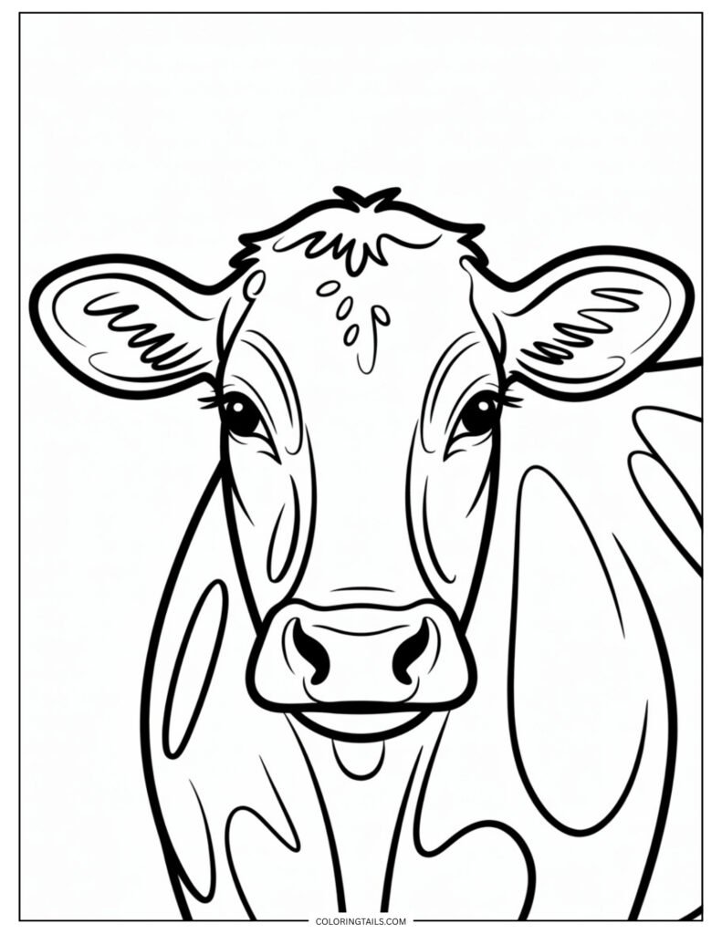 Simple line art of a cow’s face from the front, featuring big eyes and soft ears.
