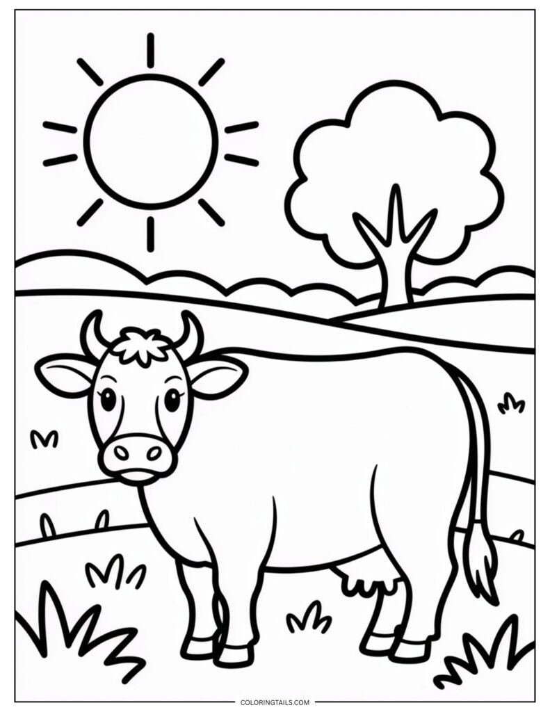 Minimalist cow standing on a curved line representing a hill, with a sun outline in the sky.
