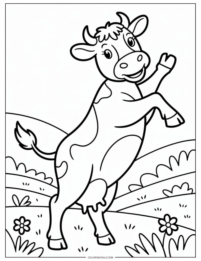Simple coloring page of a cow with one front leg raised as if dancing or celebrating.