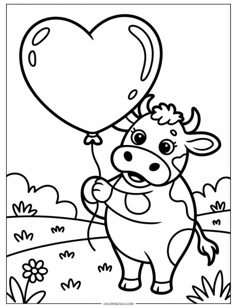 Cartoon cow holding a large heart shape in its front hooves with a sweet expression.