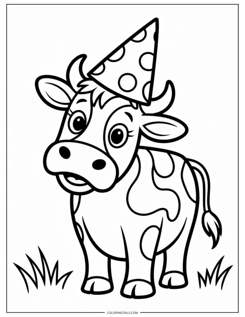 Clean line drawing of a cow facing forward and wearing a basic party or straw hat.