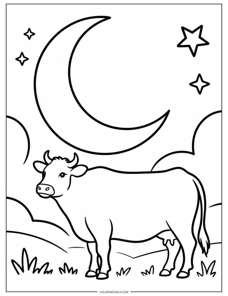 Minimalist cow looking upward at a crescent moon floating in the top corner.