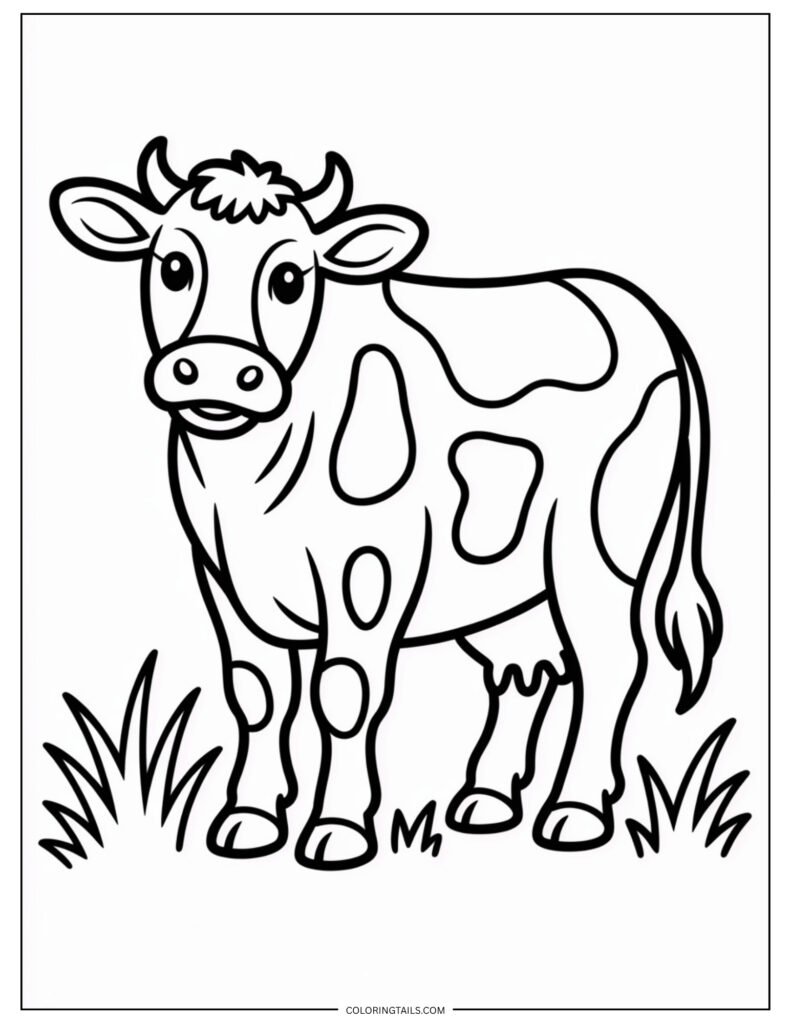 Standing cow with 3-4 distinct patches on its body drawn as simple organic shapes.