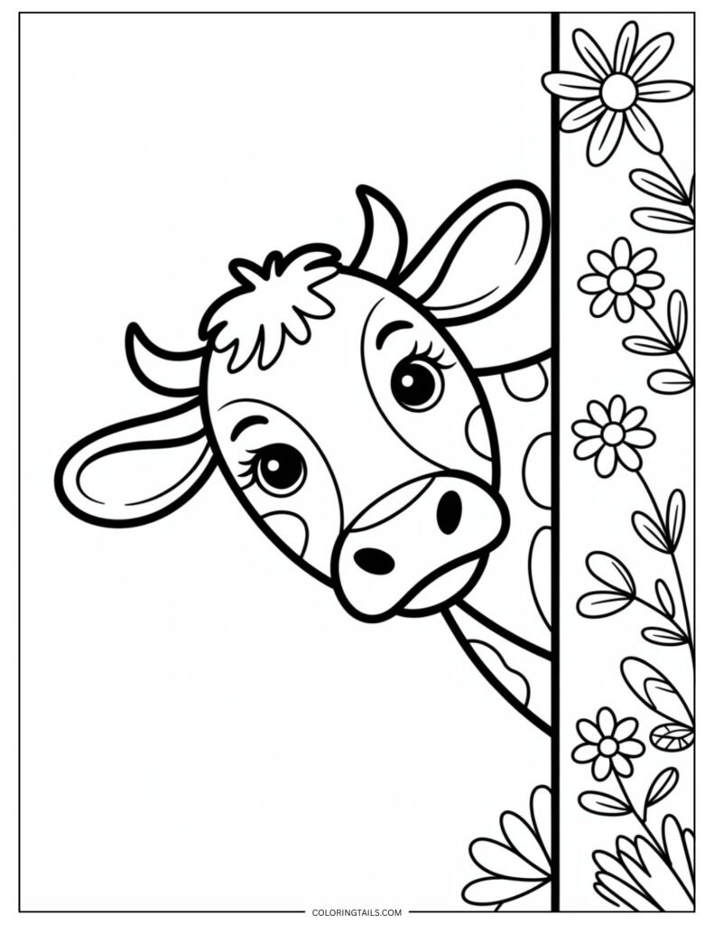 Half-visible cow peeking in from the edge of the page with one eye and one ear showing.