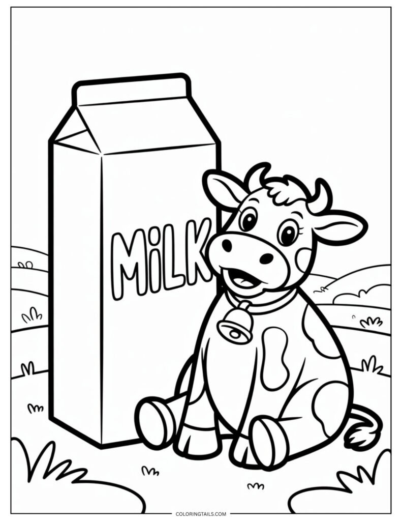 Cartoon cow sitting next to a tall rectangular milk carton labeled “Milk” in block letters.