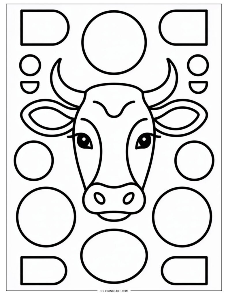 Cow’s head centered inside a circle surrounded by soft geometric mandala shapes.
