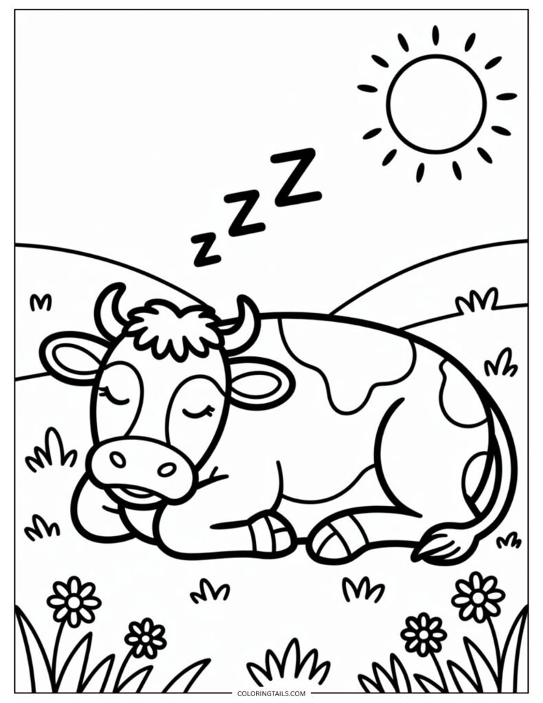 Coloring page of a cow lying down with closed eyes and folded legs in a peaceful pose.