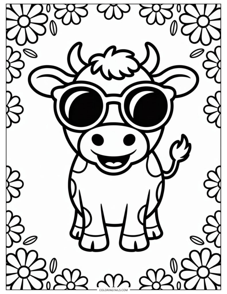 Cartoon-style cow facing forward while wearing oversized sunglasses with bold frames.