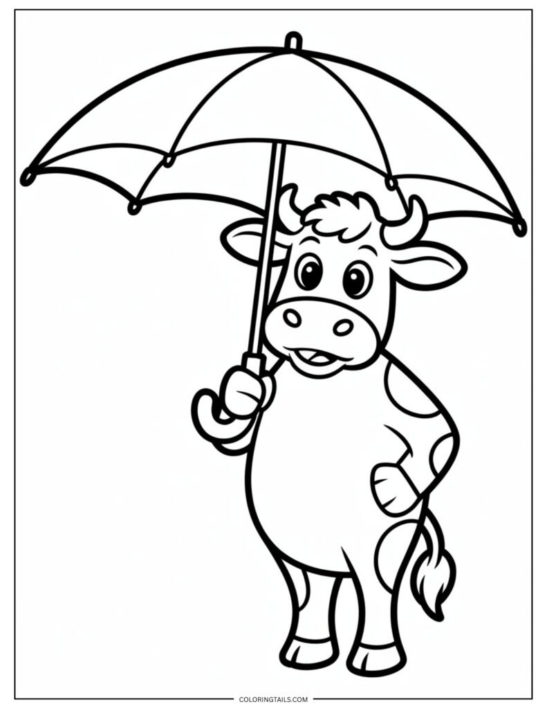Simple cow standing upright holding a curved umbrella with one hoof.