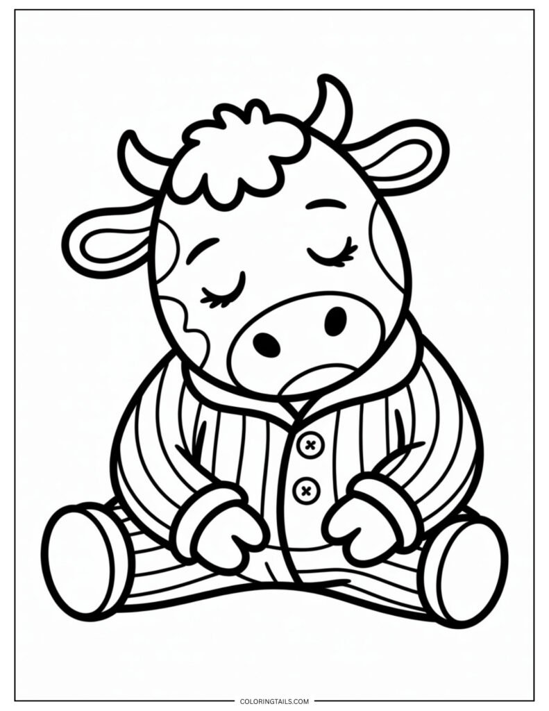 Minimalist baby cow lying down or sitting while wearing striped pajama clothing.