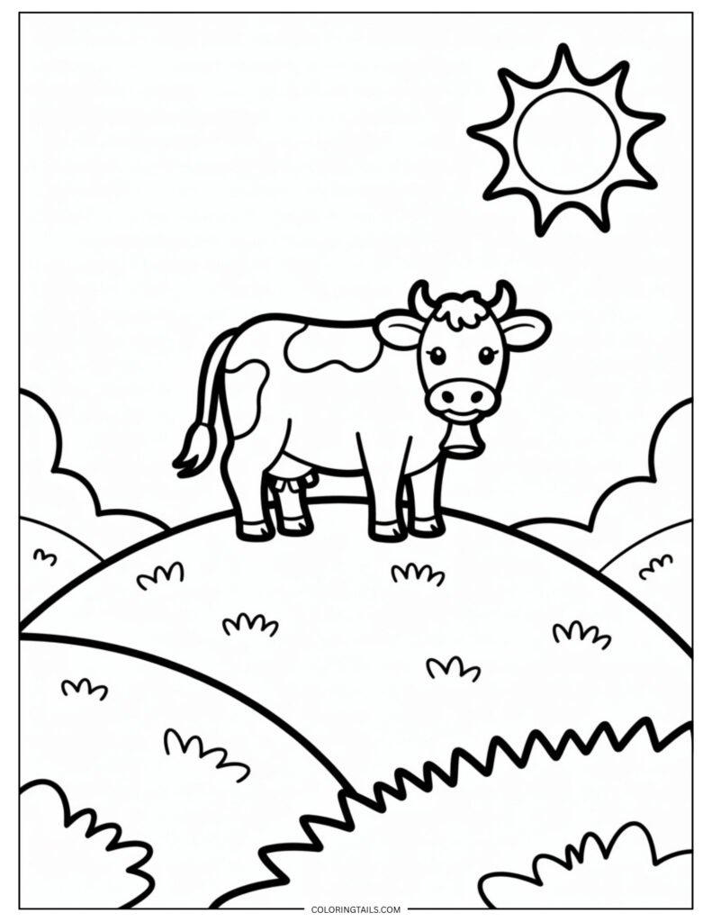 Single cow standing on a gently curved hill with a simple sun above.