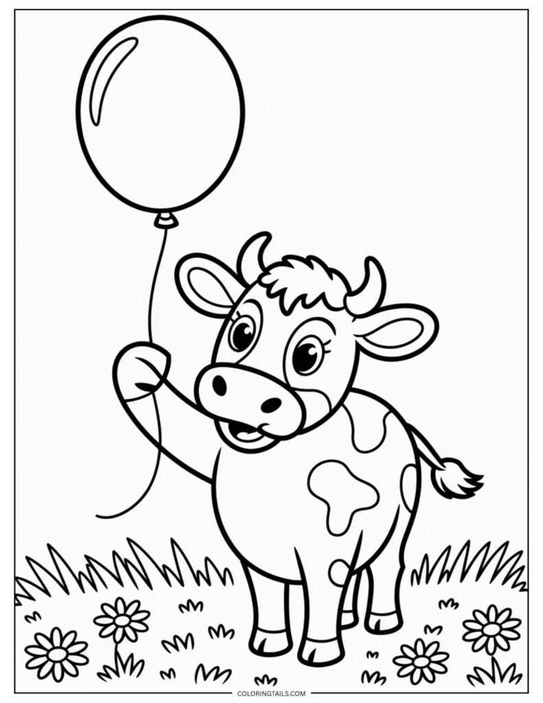Cartoon cow holding a round balloon with a wavy string in one front hoof.