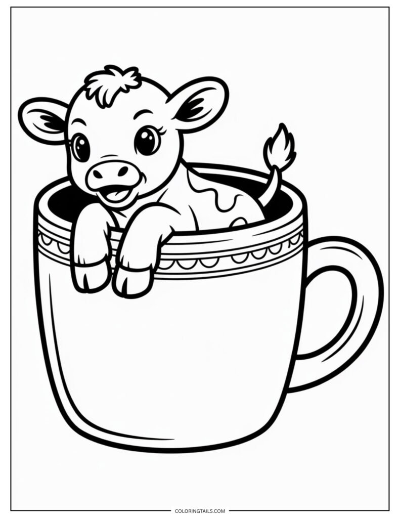 Cute baby cow popping out of a large coffee or teacup, showing head and hooves.