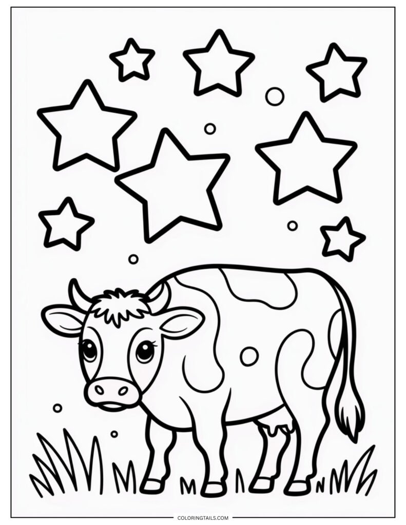Minimalist cow sitting below three to five five-pointed stars floating overhead.