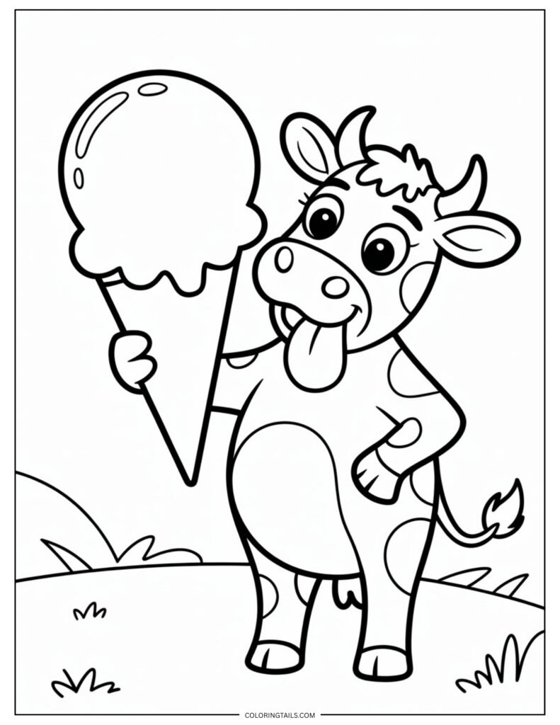 Cartoon cow holding an ice cream cone with one scoop and a smiling face.
