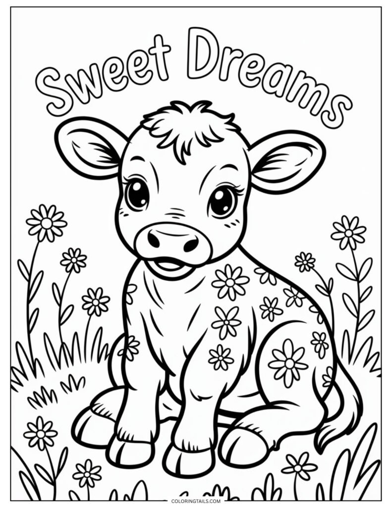 Minimalist illustration of a baby cow sitting upright with small legs and rounded features.