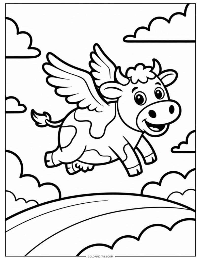 Simple cow with small cartoon wings hovering or flying slightly above ground level.