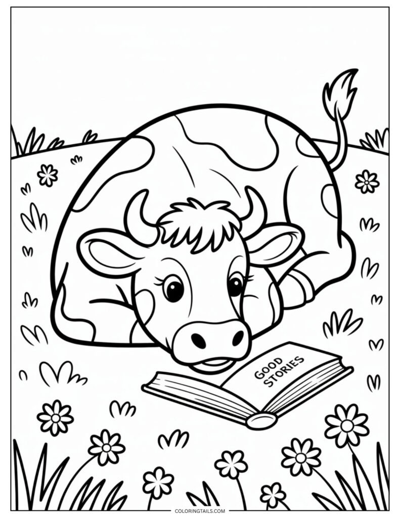 Cow lying on its belly with an open rectangular book placed in front.