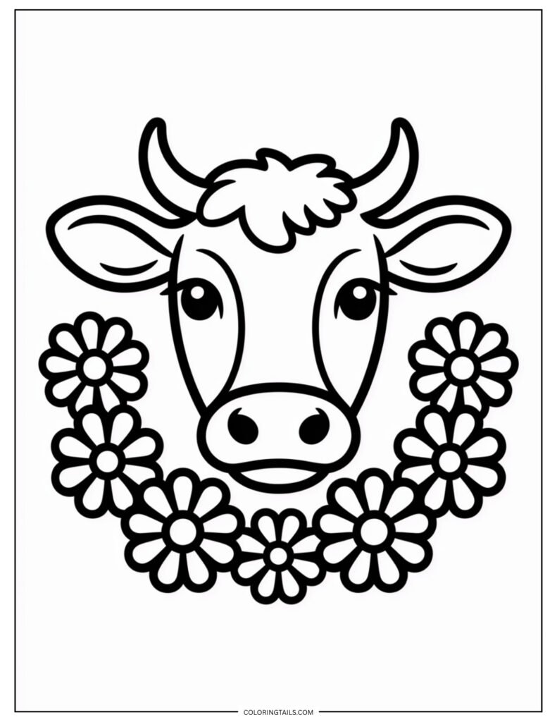 Cow’s face centered inside a circular ring of evenly spaced simple flower shapes.