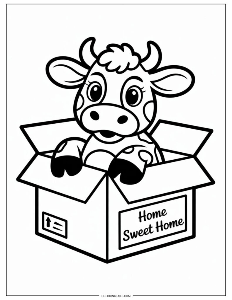 Cute cow sitting inside an open box, with its head and front legs hanging out.