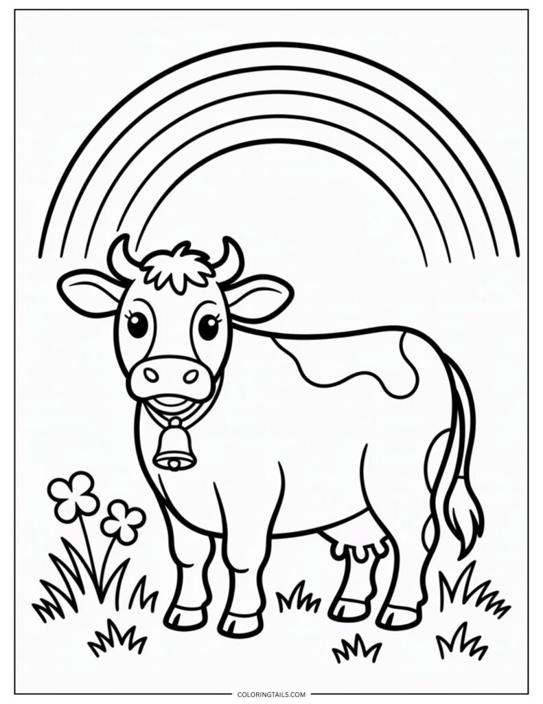Minimalist cow standing under a three-arc rainbow with no extra background.