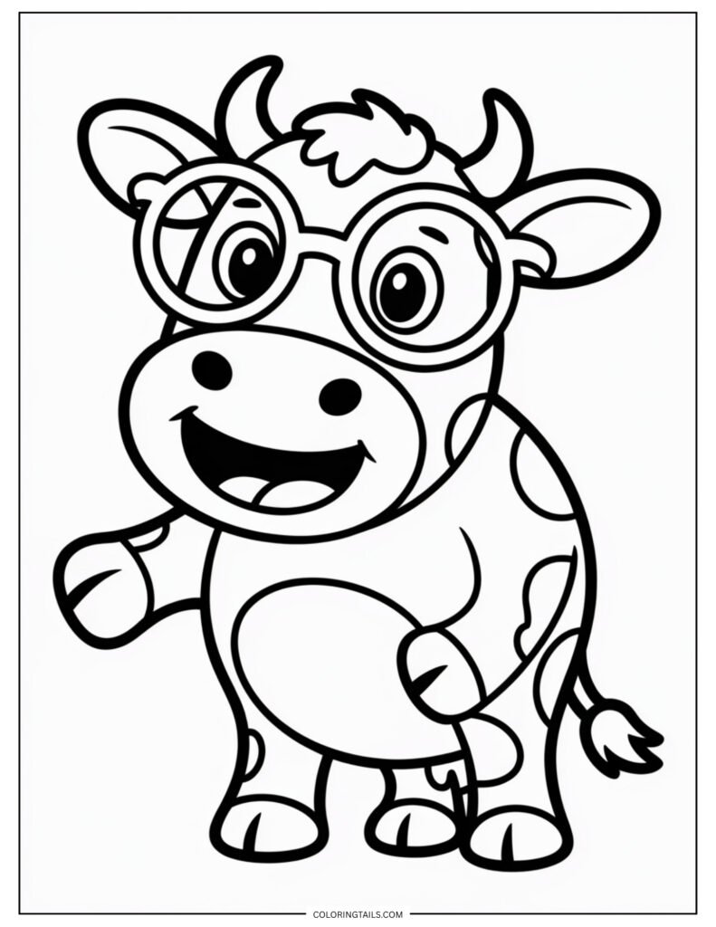 Cartoon cow smiling and wearing large star glasses over its eyes.