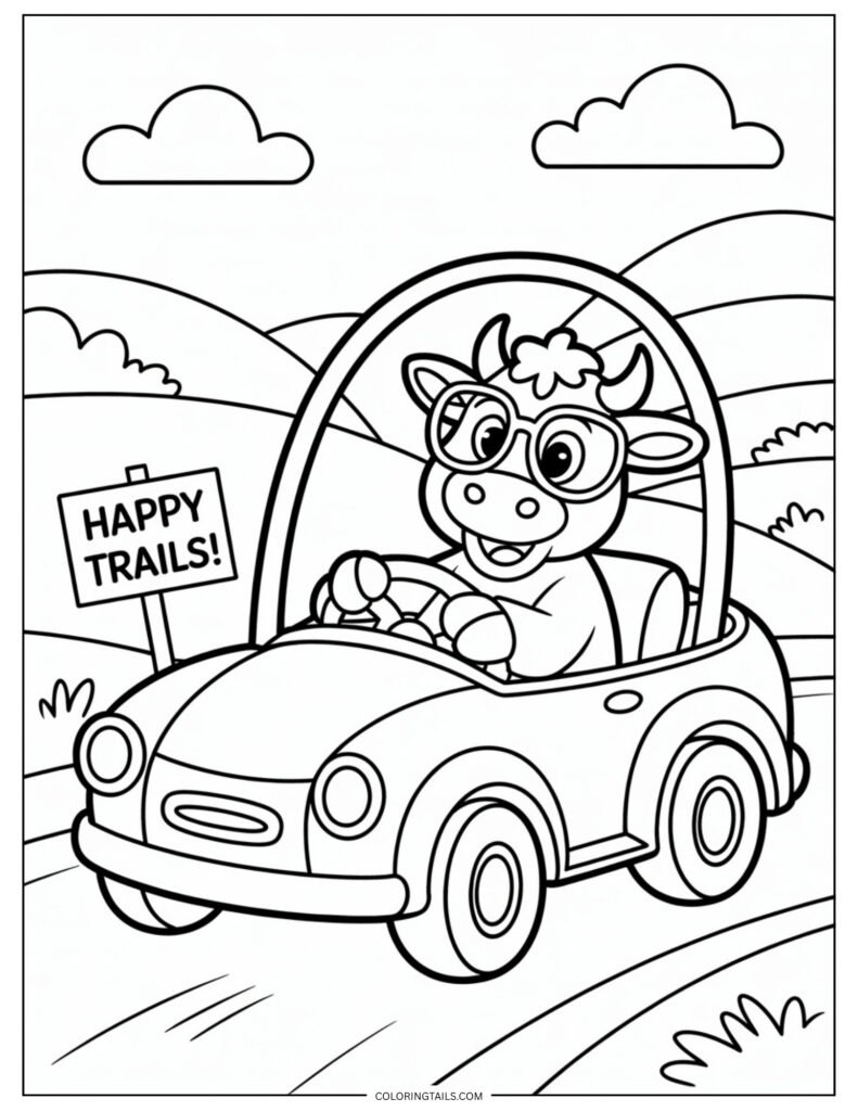 Cow riding or driving a small toy-style car with visible wheels and steering wheel.