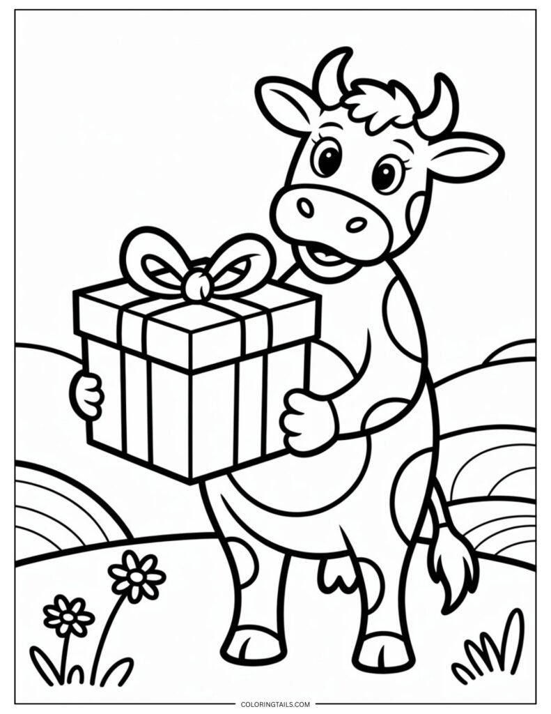 Simple cow holding a square gift box wrapped with a ribbon bow on top.