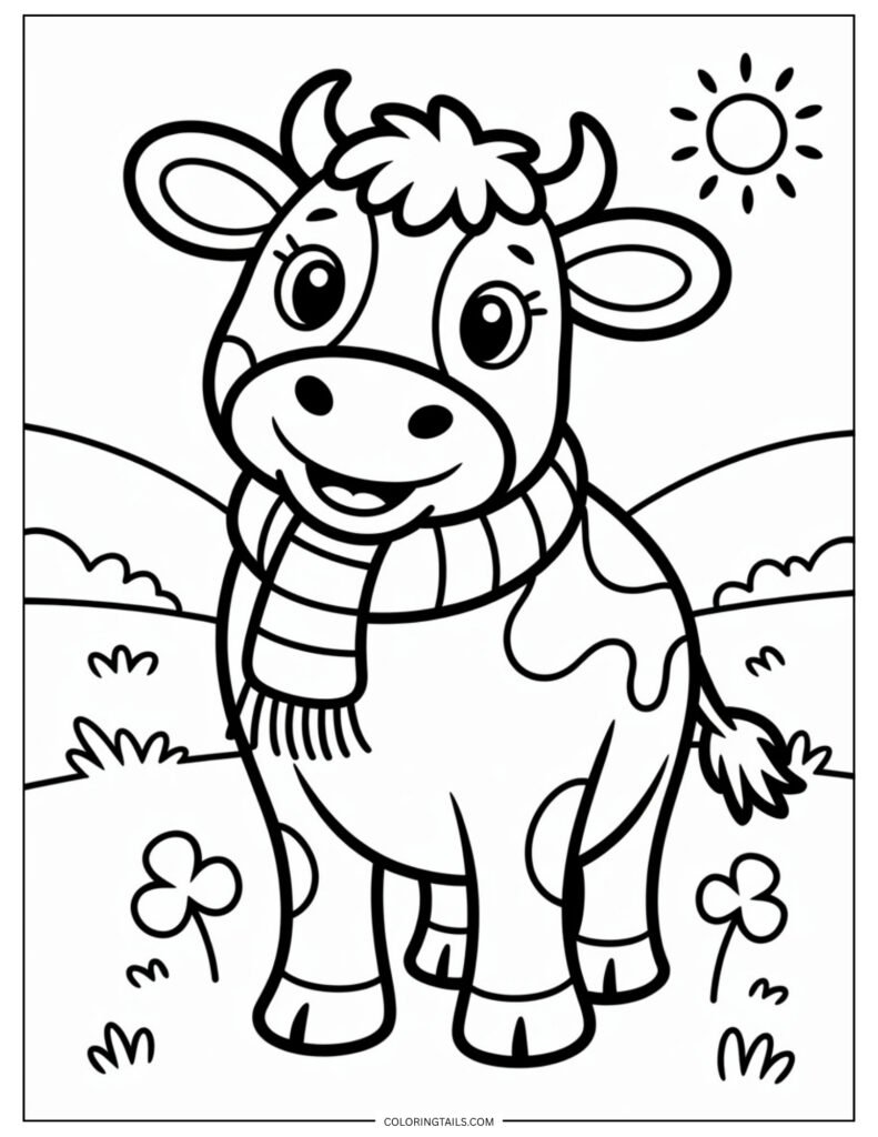 Minimalist cow wearing a striped scarf wrapped gently around its neck.