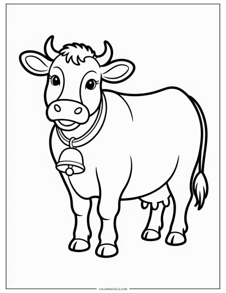 Outline drawing of a cow standing with a round bell hanging from a plain collar.