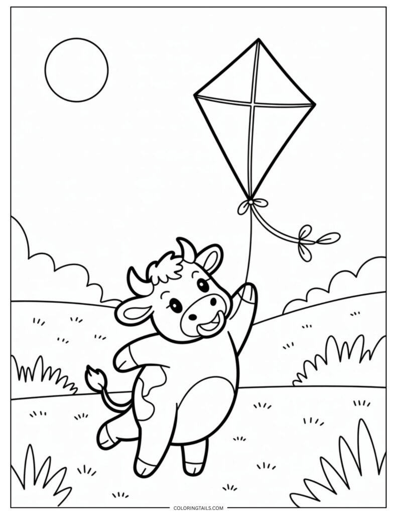 Cow standing and flying a diamond-shaped kite on a long curvy string.