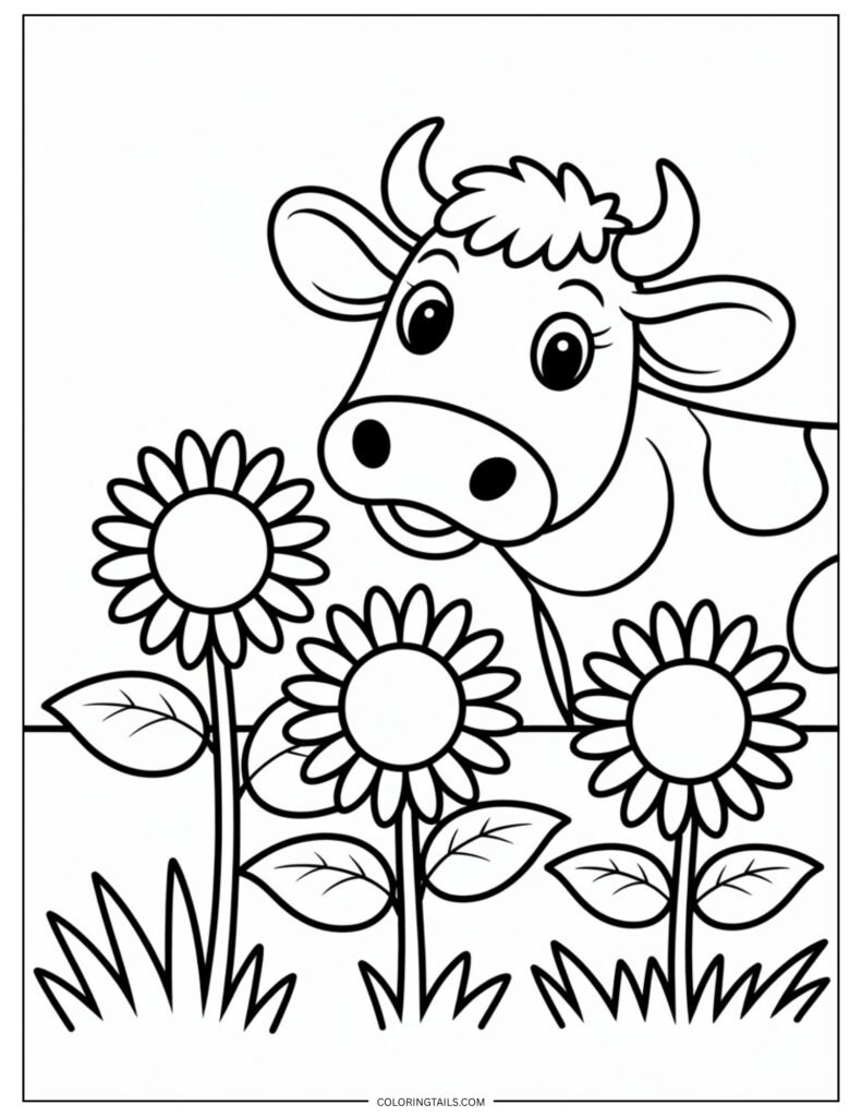 Cow positioned beside or behind a few large sunflowers with simple petal shapes.
