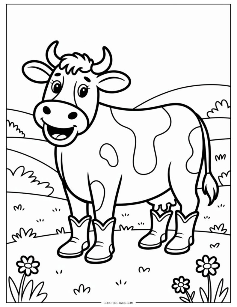 Cartoon cow wearing four identical rain or snow boots and standing calmly.