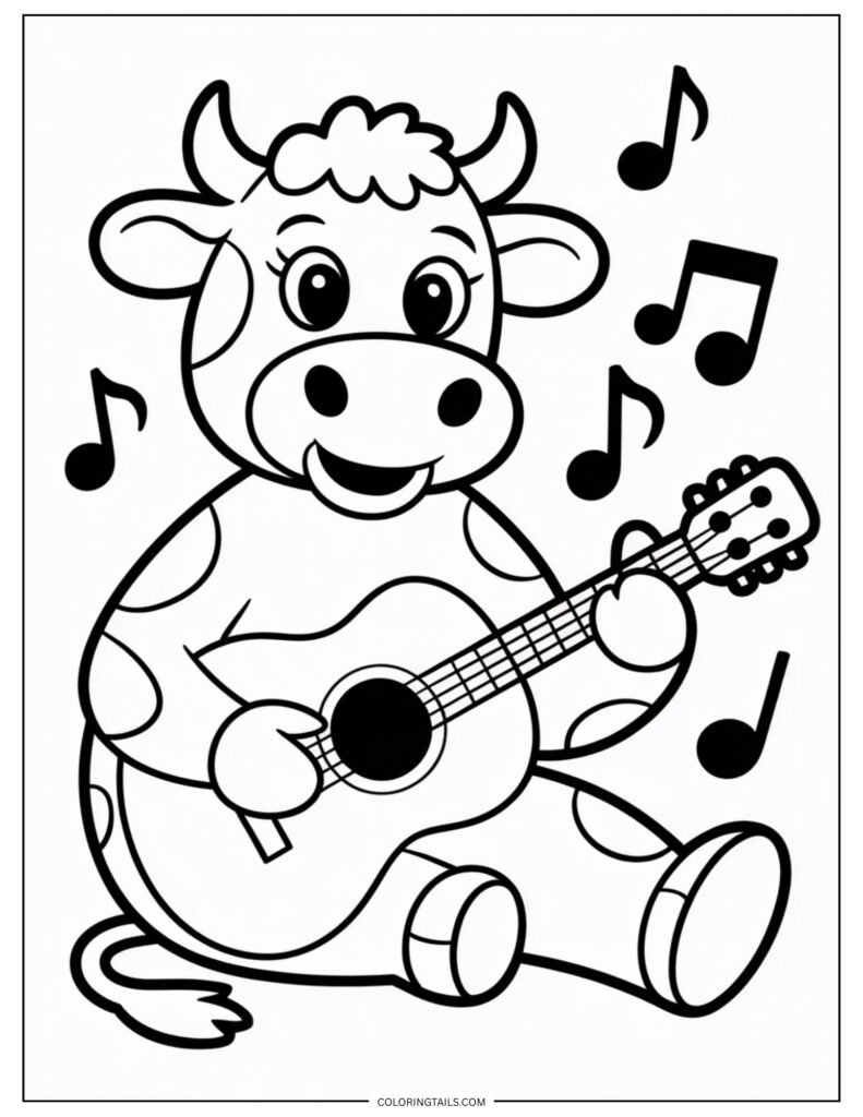 Cow seated or standing while strumming a small acoustic guitar with minimal detail.