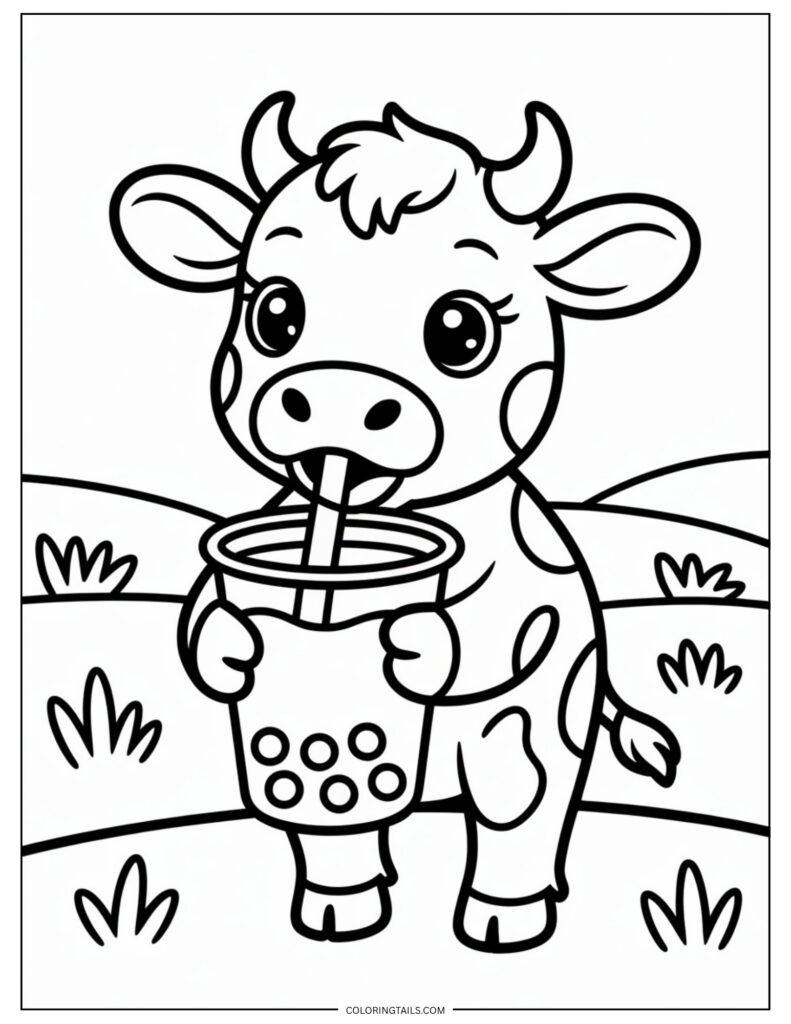 Cartoon baby cow holding a transparent cup of bubble tea with a straw.