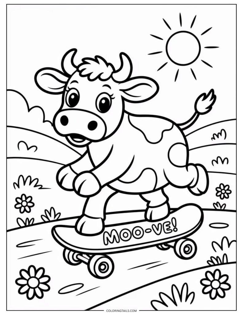 Cow standing with both hooves on a skateboard, facing forward with minimal motion lines.