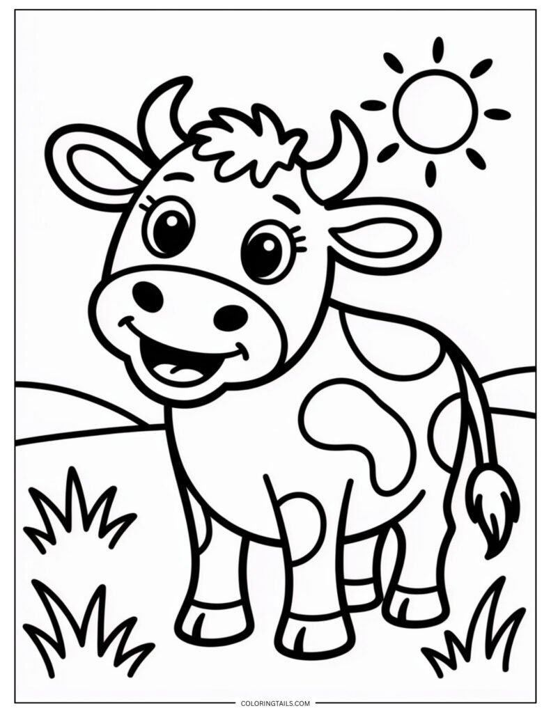 Playful cartoon-style cow with a wide smile, small horns, and clean simple lines.