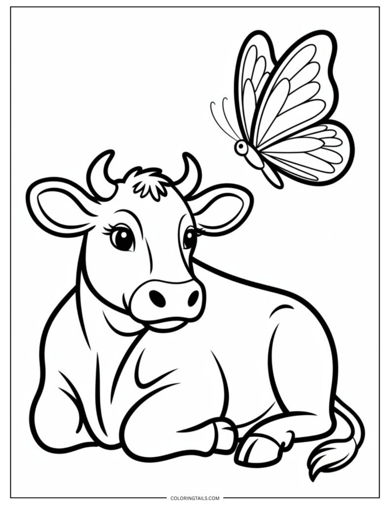 Minimal design showing a cow standing and looking curiously at a butterfly near its nose.