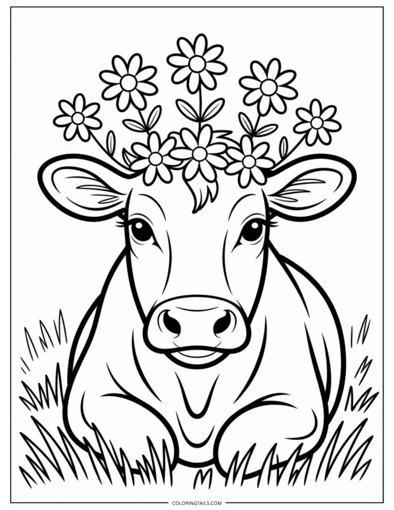 Front-facing cow with a simple flower crown resting between the ears.