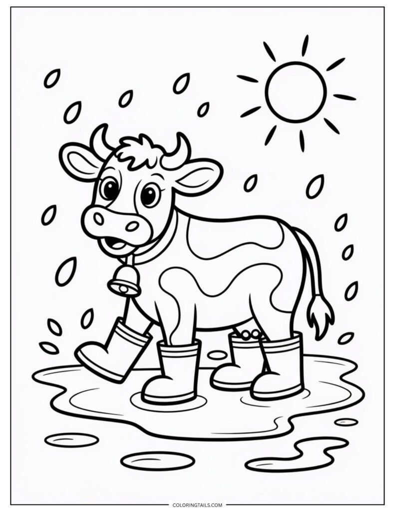 Line drawing of a cartoon cow wearing four simple rain boots and standing on a flat ground.