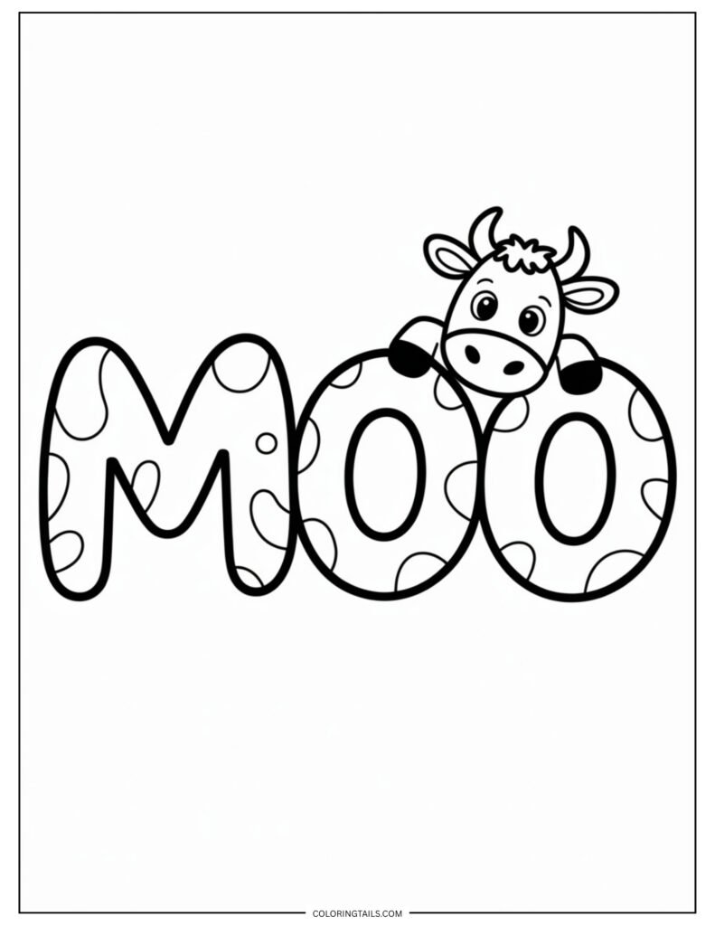 Bold bubble letters spelling “Moo” with a cartoon cow standing next to or inside the letters.
