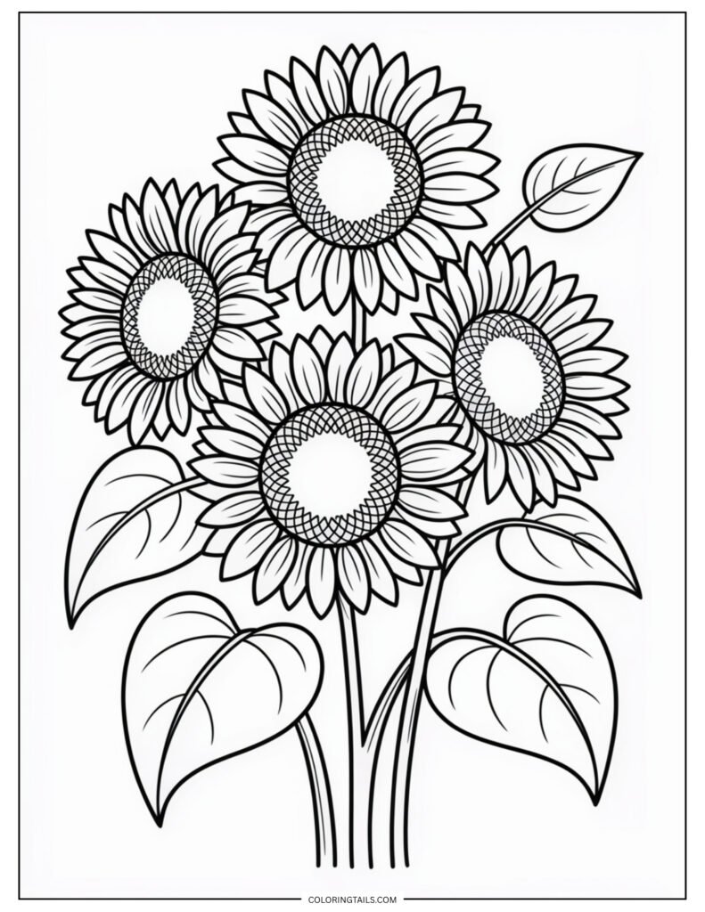 A cluster of three sunflowers with long stems and prominent leaves. The wide petals and bold centers make this an inviting option for both kids and adults to color.