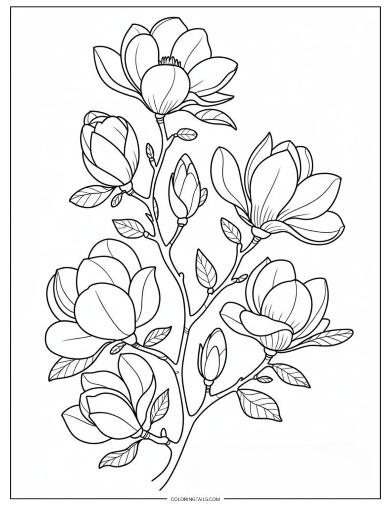 A branch of magnolia flowers, each with broad, velvety petals. The mix of open flowers and buds offers a variety of shapes to color.