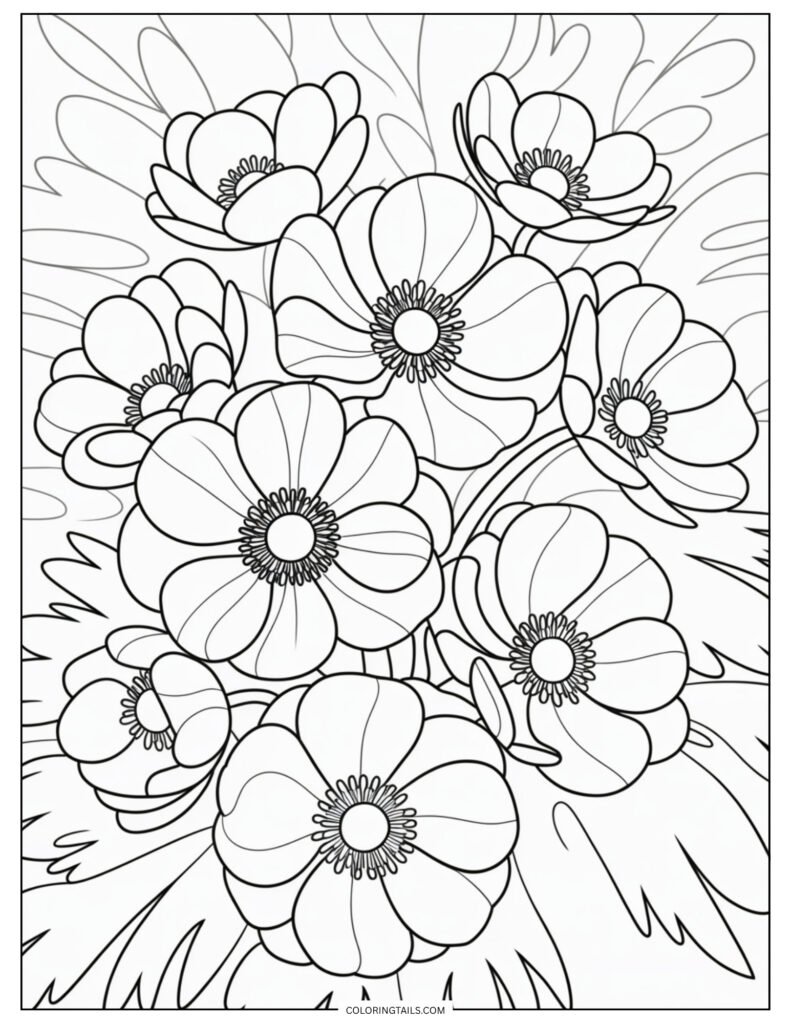 A group of anemone flowers, each with distinct dark centers and wide open petals. The contrast allows for bold color choices.