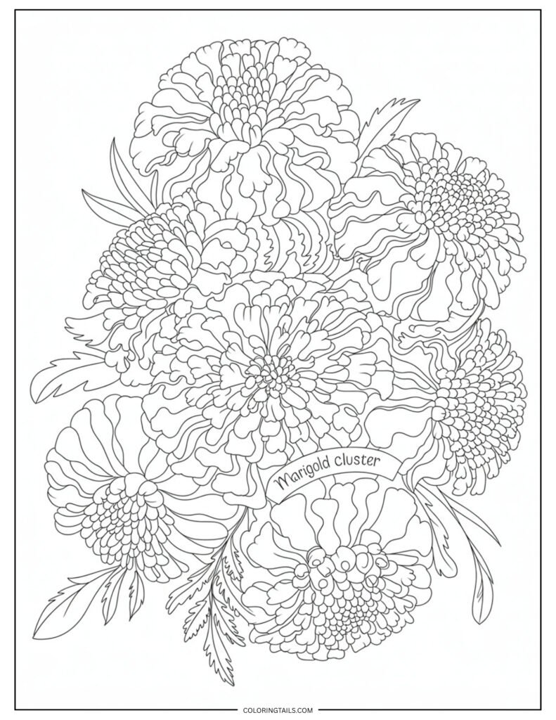 A bushy cluster of marigolds with overlapping petals and rich texture. Perfect for warm color palettes.
