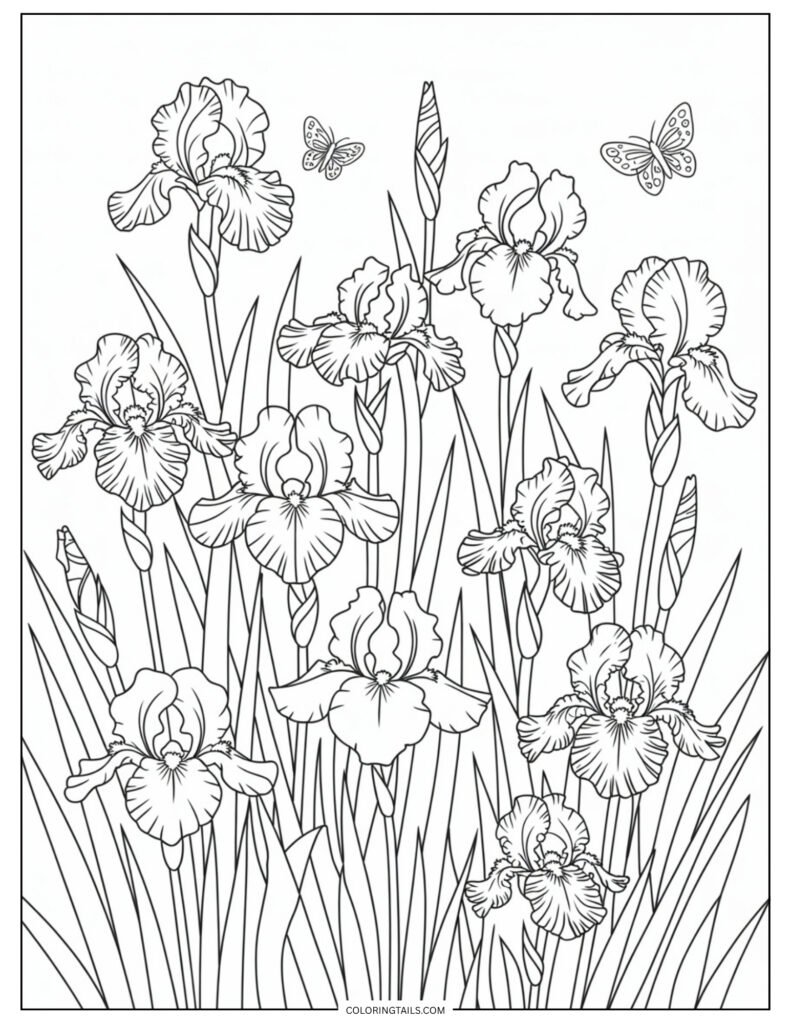 Tall, elegant iris flowers with slender leaves and intricate petals. Their unique shape invites detailed coloring.