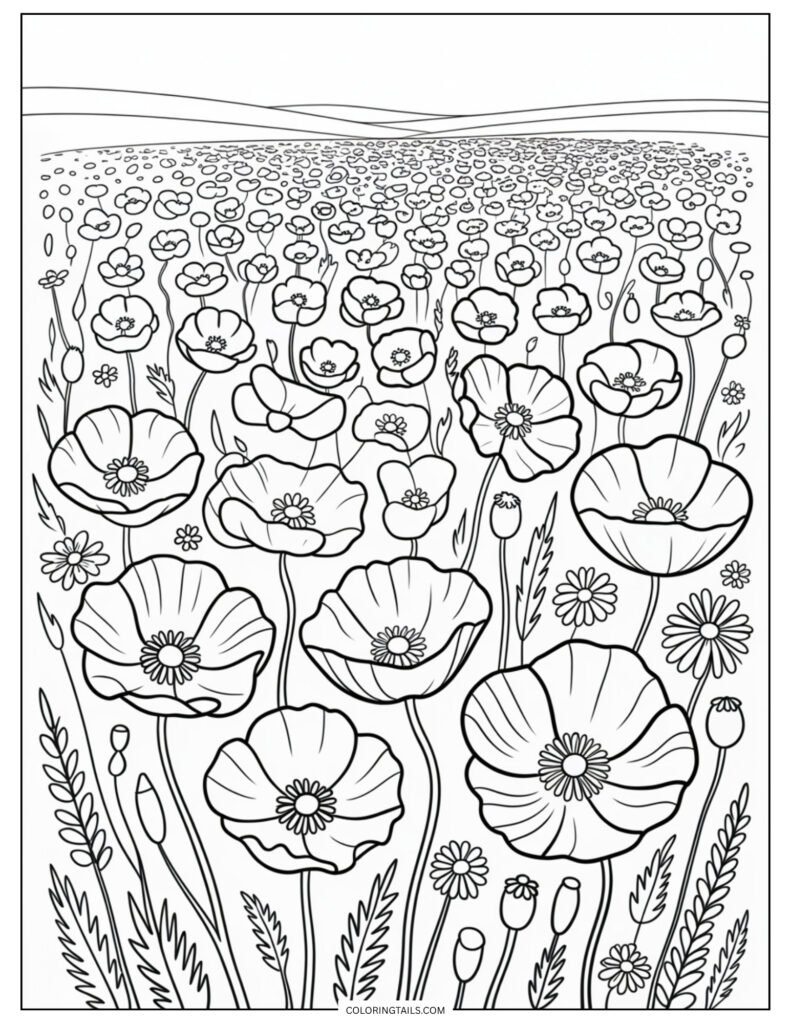 A field of poppies with swaying stems and bold blooms. The simplicity of poppy shapes makes it an accessible option for younger colorists.