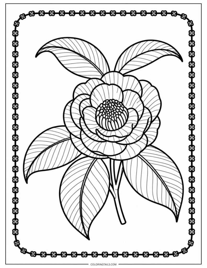 A camellia flower shown in full bloom with polished, glossy petals and structured leaves.