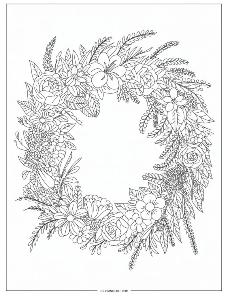 A round wreath of assorted garden flowers intertwined with foliage. An ideal page for those who love layering colors.